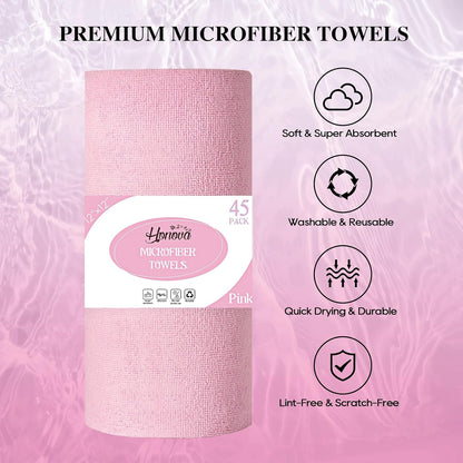 Microfiber Cleaning Cloth Roll 45 Pack, 12"×12", Reusable, Tear Away, Pink