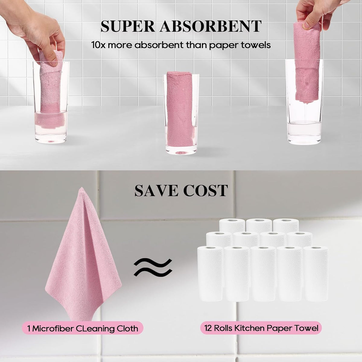 Microfiber Cleaning Cloth Roll 45 Pack, 12"×12", Reusable, Tear Away, Pink