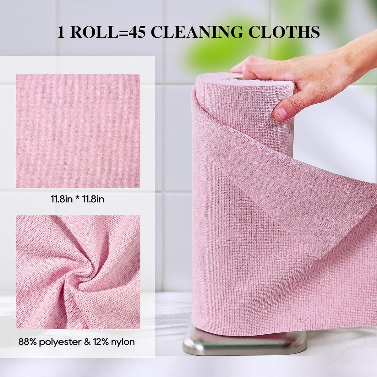 Microfiber Cleaning Cloth Roll 45 Pack, 12"×12", Reusable, Tear Away, Pink