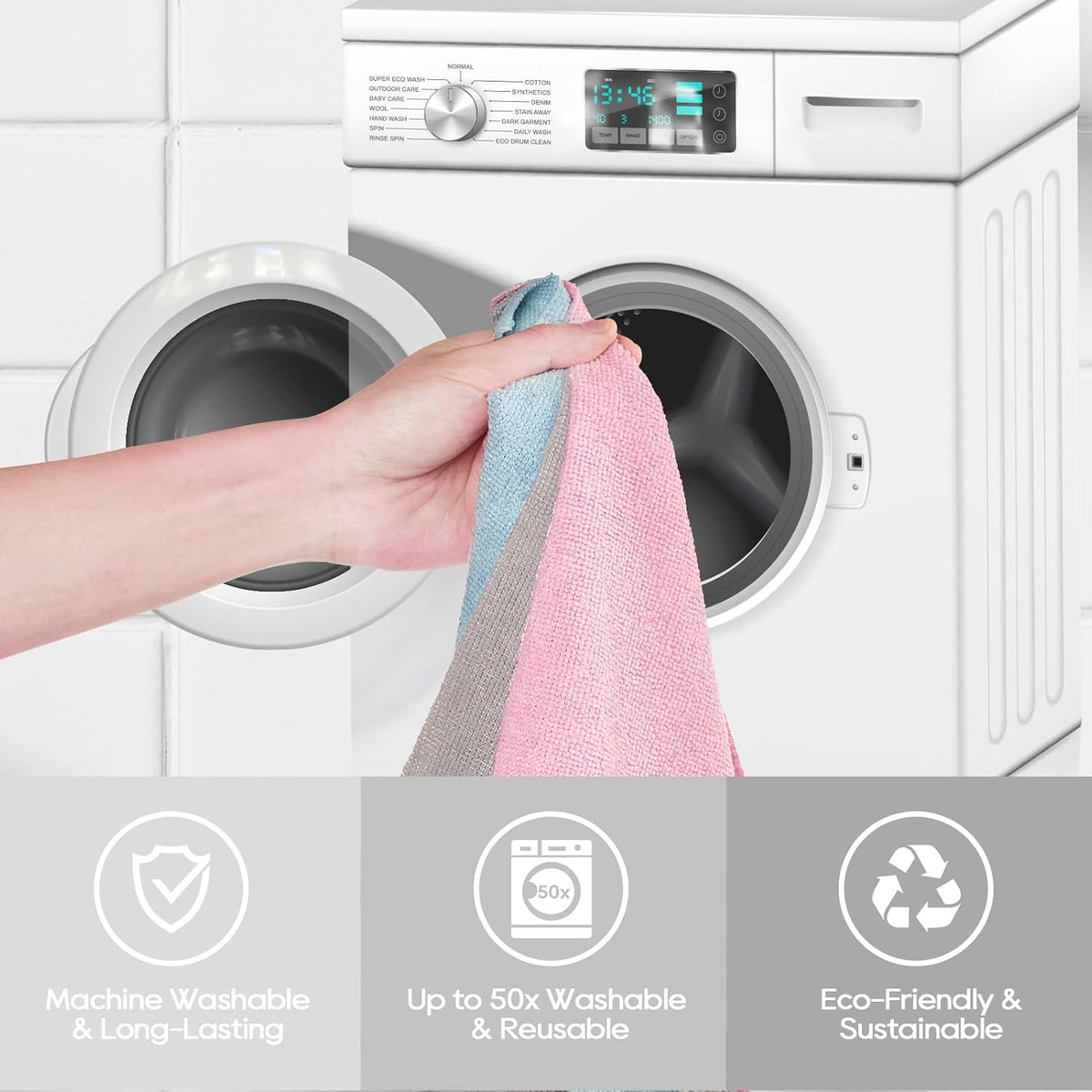 Microfiber Cleaning Cloth Roll 45 Pack, 12"×12", Reusable, Tear Away, Pink