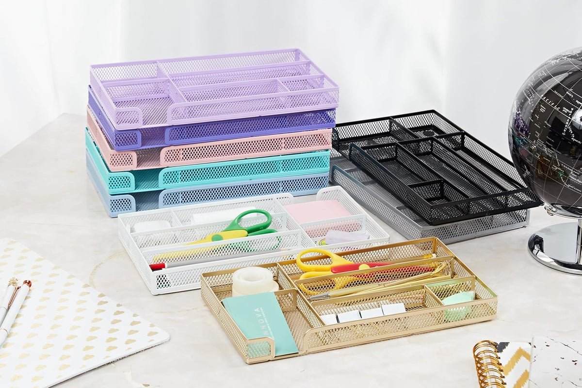 Annova Desk Drawer Organizer Tray for Office Organization - Metal Mesh - Storage Tray with Dividers for Pens, Desktop Accessories, Bathroom, Kitchen, Makeup and Office Supplies (Small, Light Pink)