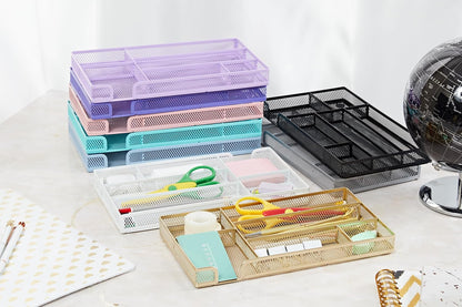 Annova Desk Drawer Organizer Tray for Office Organization - Metal Mesh - Storage Tray with Dividers for Pens, Desktop Accessories, Bathroom, Kitchen, Makeup and Office Supplies (Small, Light Pink)
