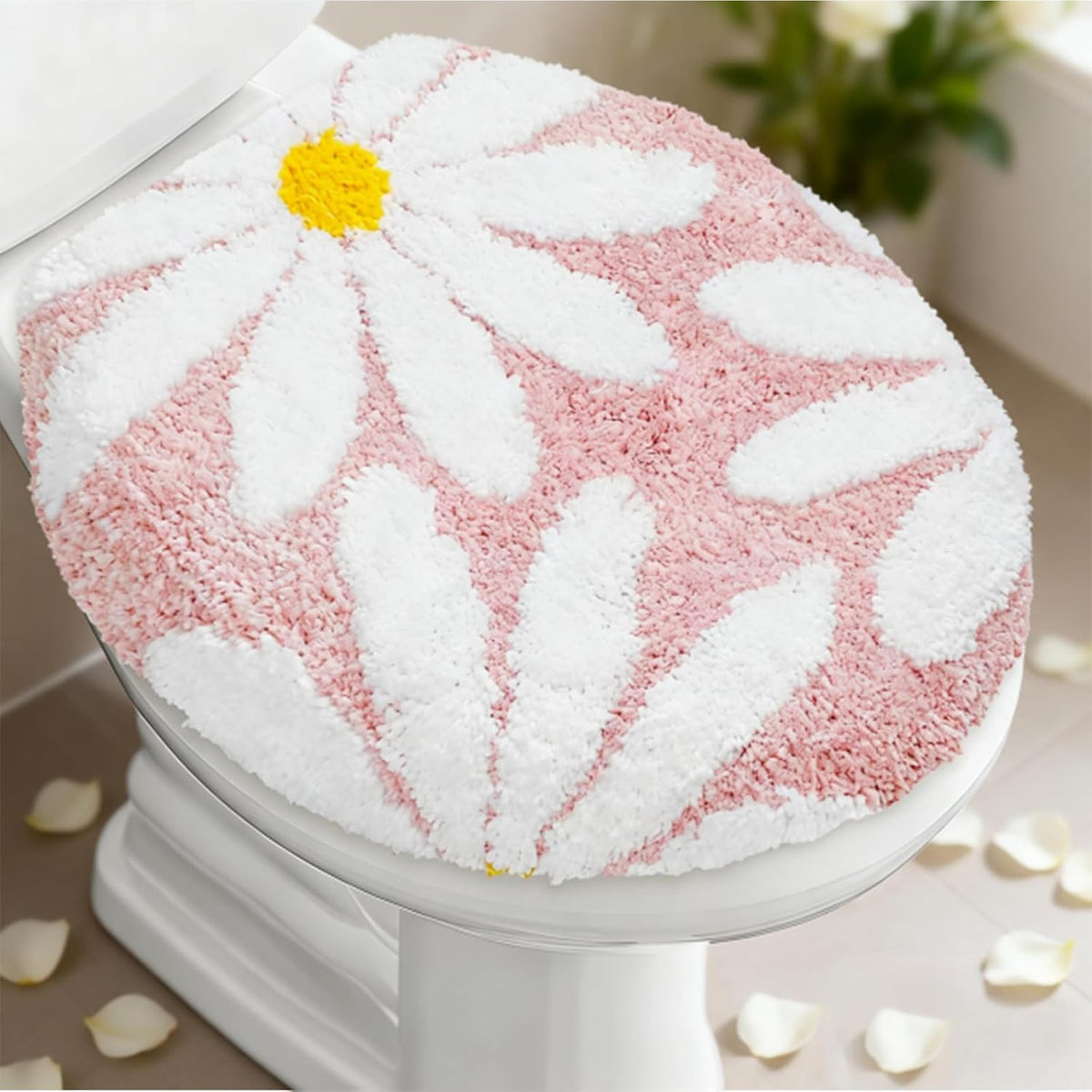 Daisy Flower Toilet Lid Cover Pink White Floral Toilet Seat Cover with Adjustable Rubber Backing for Most Lids Spring Bathroom Decoration, 15'' x 17.7''