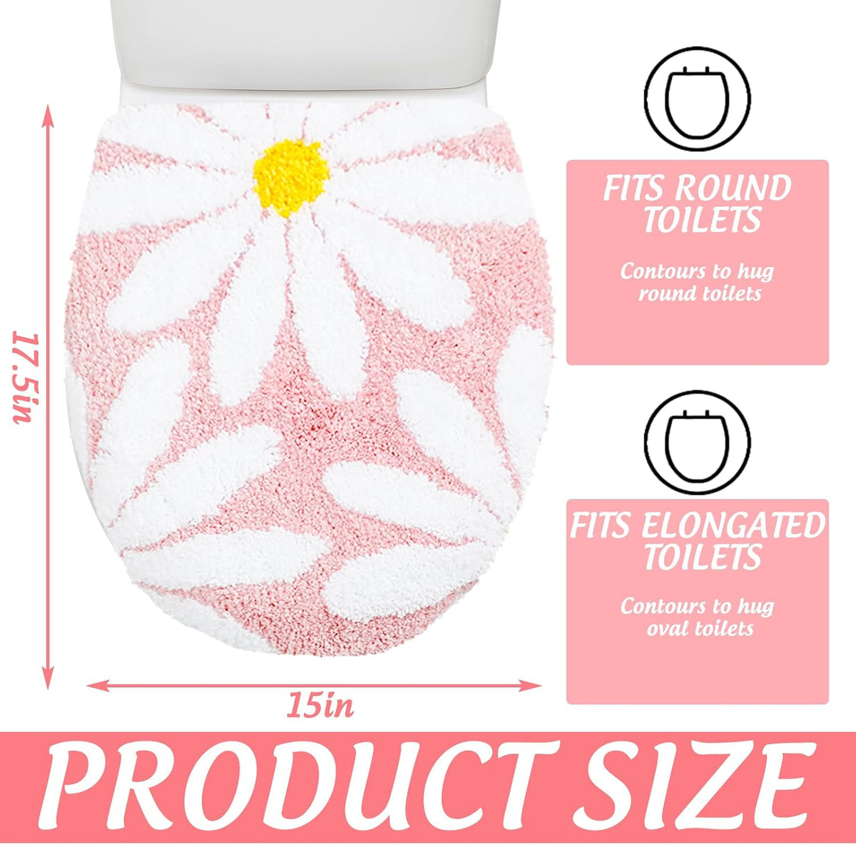 Daisy Flower Toilet Lid Cover Pink White Floral Toilet Seat Cover with Adjustable Rubber Backing for Most Lids Spring Bathroom Decoration, 15'' x 17.7''