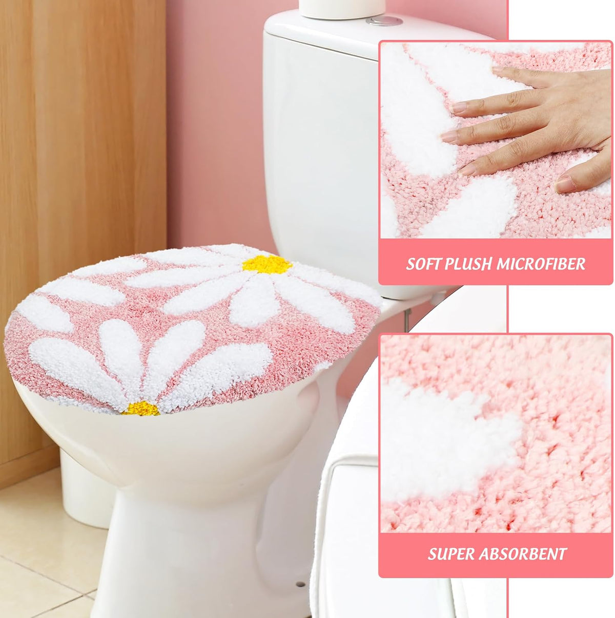 Daisy Flower Toilet Lid Cover Pink White Floral Toilet Seat Cover with Adjustable Rubber Backing for Most Lids Spring Bathroom Decoration, 15'' x 17.7''