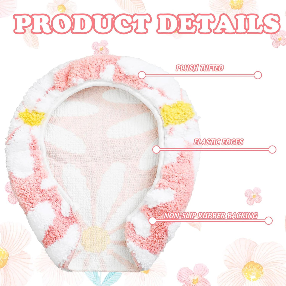 Daisy Flower Toilet Lid Cover Pink White Floral Toilet Seat Cover with Adjustable Rubber Backing for Most Lids Spring Bathroom Decoration, 15'' x 17.7''