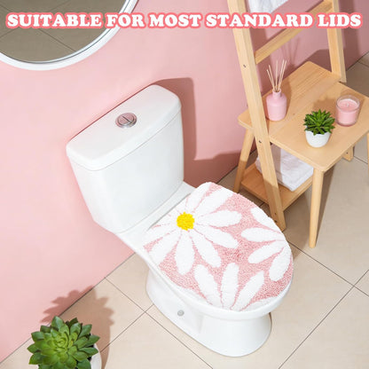Daisy Flower Toilet Lid Cover Pink White Floral Toilet Seat Cover with Adjustable Rubber Backing for Most Lids Spring Bathroom Decoration, 15'' x 17.7''