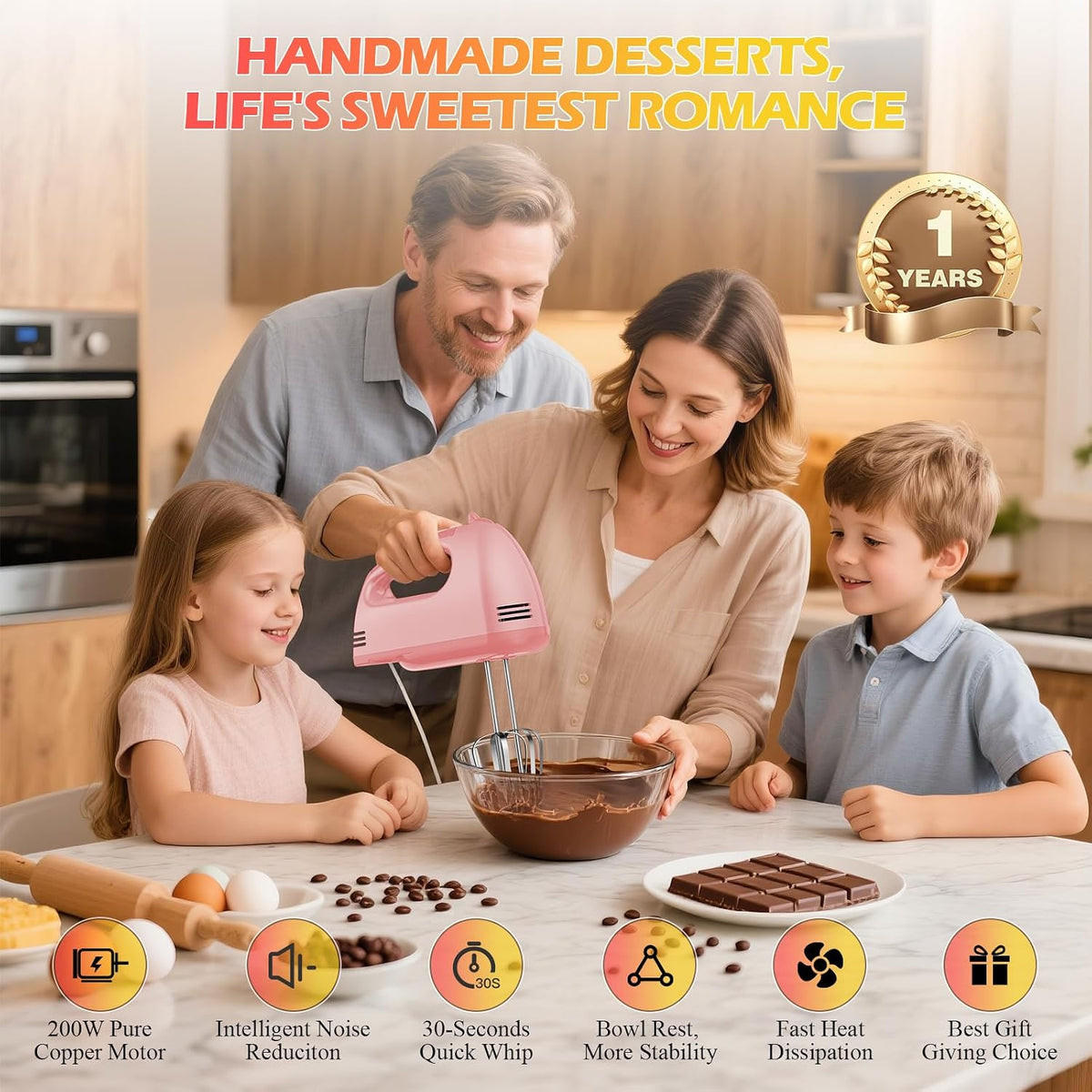 WADODO 7-Speed Electric Hand Mixer – Portable Food Mixer Kitchen Mixer with 304 *(1x Whisk, 2x Beater, 2x Dough hook) for Baking Cakes, Cream, Cookies, PINK