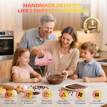 WADODO 7-Speed Electric Hand Mixer – Portable Food Mixer Kitchen Mixer with 304 *(1x Whisk, 2x Beater, 2x Dough hook) for Baking Cakes, Cream, Cookies, PINK
