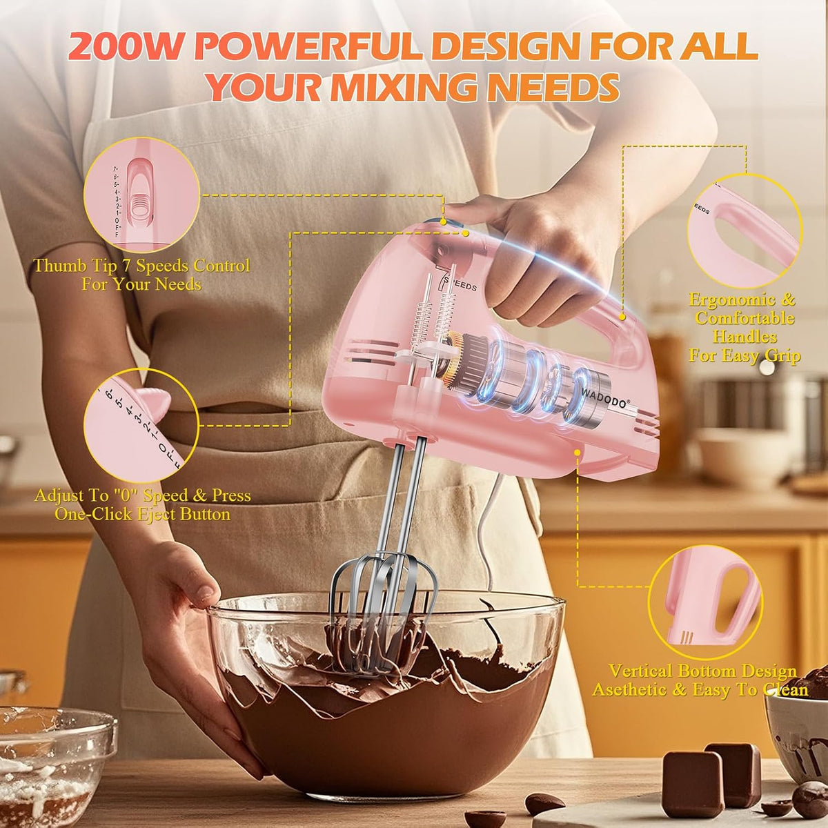WADODO 7-Speed Electric Hand Mixer – Portable Food Mixer Kitchen Mixer with 304 *(1x Whisk, 2x Beater, 2x Dough hook) for Baking Cakes, Cream, Cookies, PINK