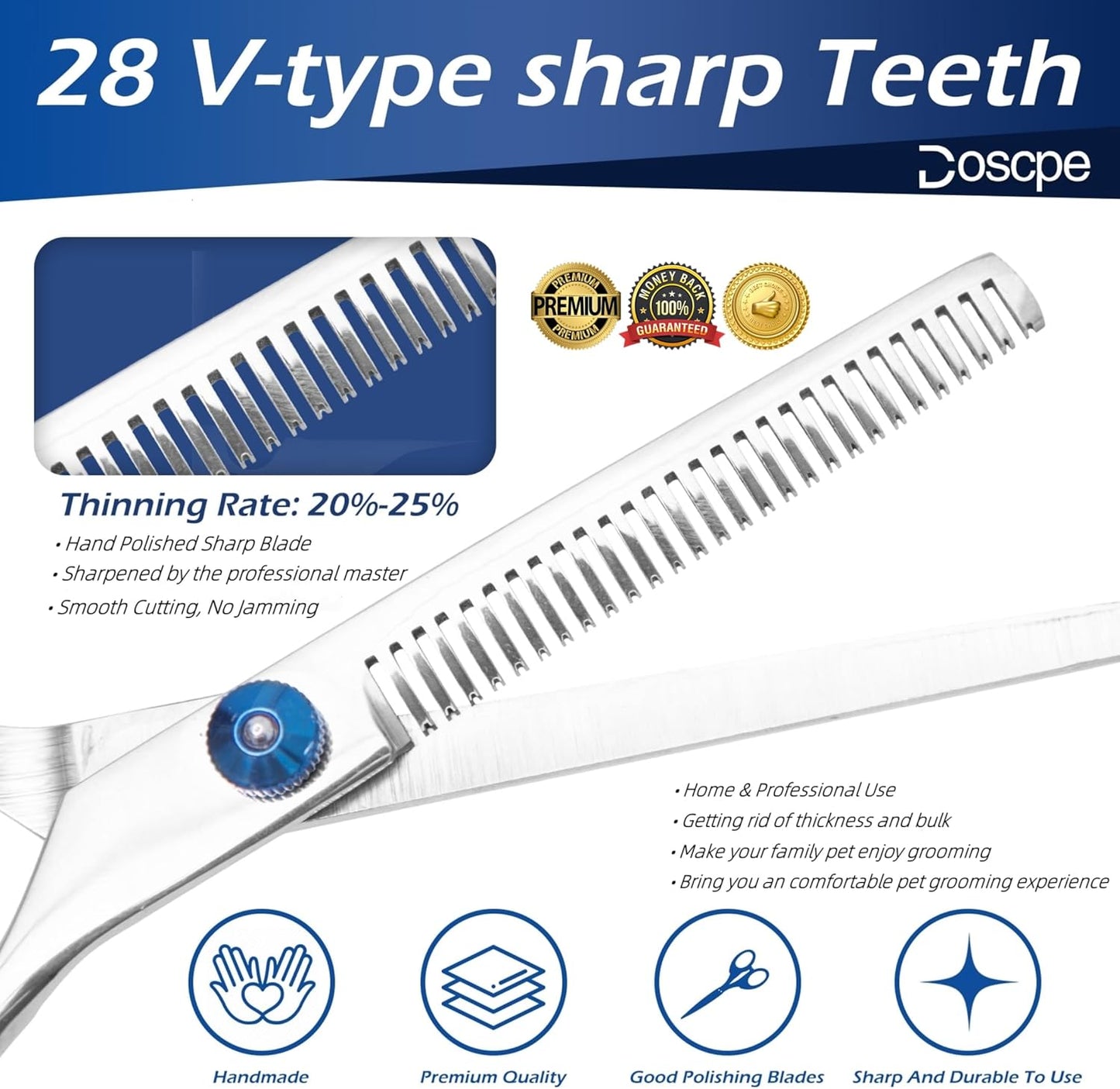 Dog Thinning Shears Professional Dog Grooming Scissors with Large Finger Hole for Pet Cat Hair Cutting Trimming Double Curved Finger Rest Right Left Handed