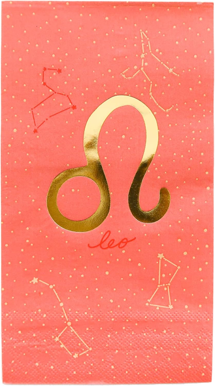 Zodiac Guest Napkins - Leo Astrological Sign Design - Peach with Gold Details - Pack of 16 - Disposable Paper Napkins for Birthdays, Parties and Celebrations