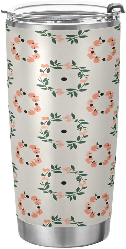 Peach Wreath Pattern 11oz Tumbler with Lid, Stainless Steel Vacuum Insulated Travel Mug, Double Wall Leakproof Coffee Cup, Travel Flask Includes 2 Straws for Hot and Cold Drinks