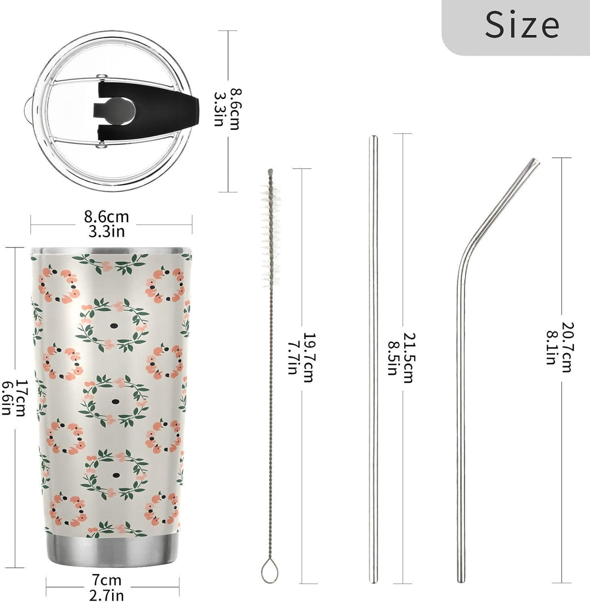 Peach Wreath Pattern 11oz Tumbler with Lid, Stainless Steel Vacuum Insulated Travel Mug, Double Wall Leakproof Coffee Cup, Travel Flask Includes 2 Straws for Hot and Cold Drinks