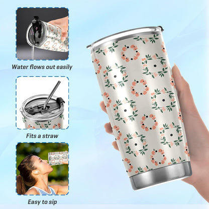 Peach Wreath Pattern 11oz Tumbler with Lid, Stainless Steel Vacuum Insulated Travel Mug, Double Wall Leakproof Coffee Cup, Travel Flask Includes 2 Straws for Hot and Cold Drinks
