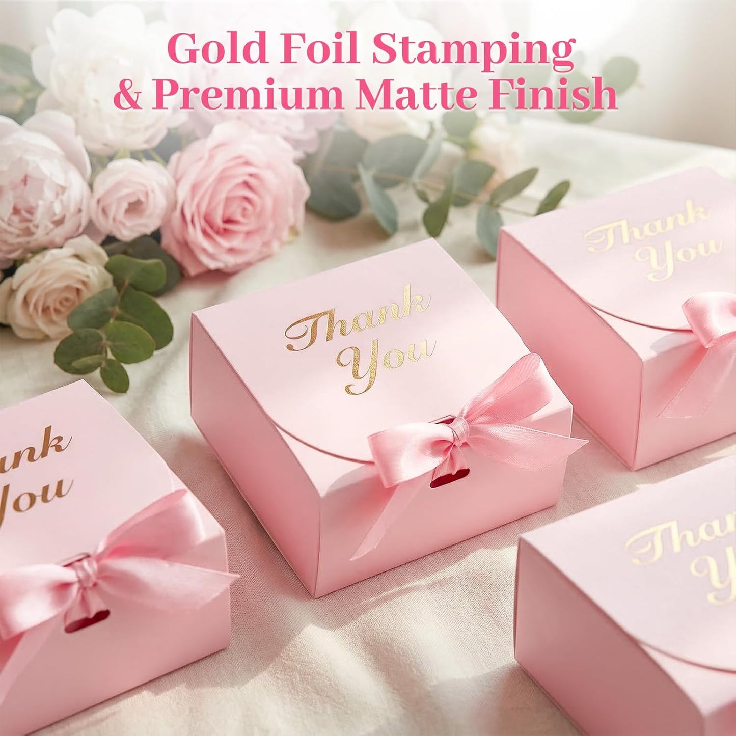 20PCS Thank You Gift Boxes, 4.5x4.5x1.9 Inches Mini Party Favor Boxes Pink Treat Bags with Bow Ribbon for Wedding Bridal Baby Shower Birthday Party