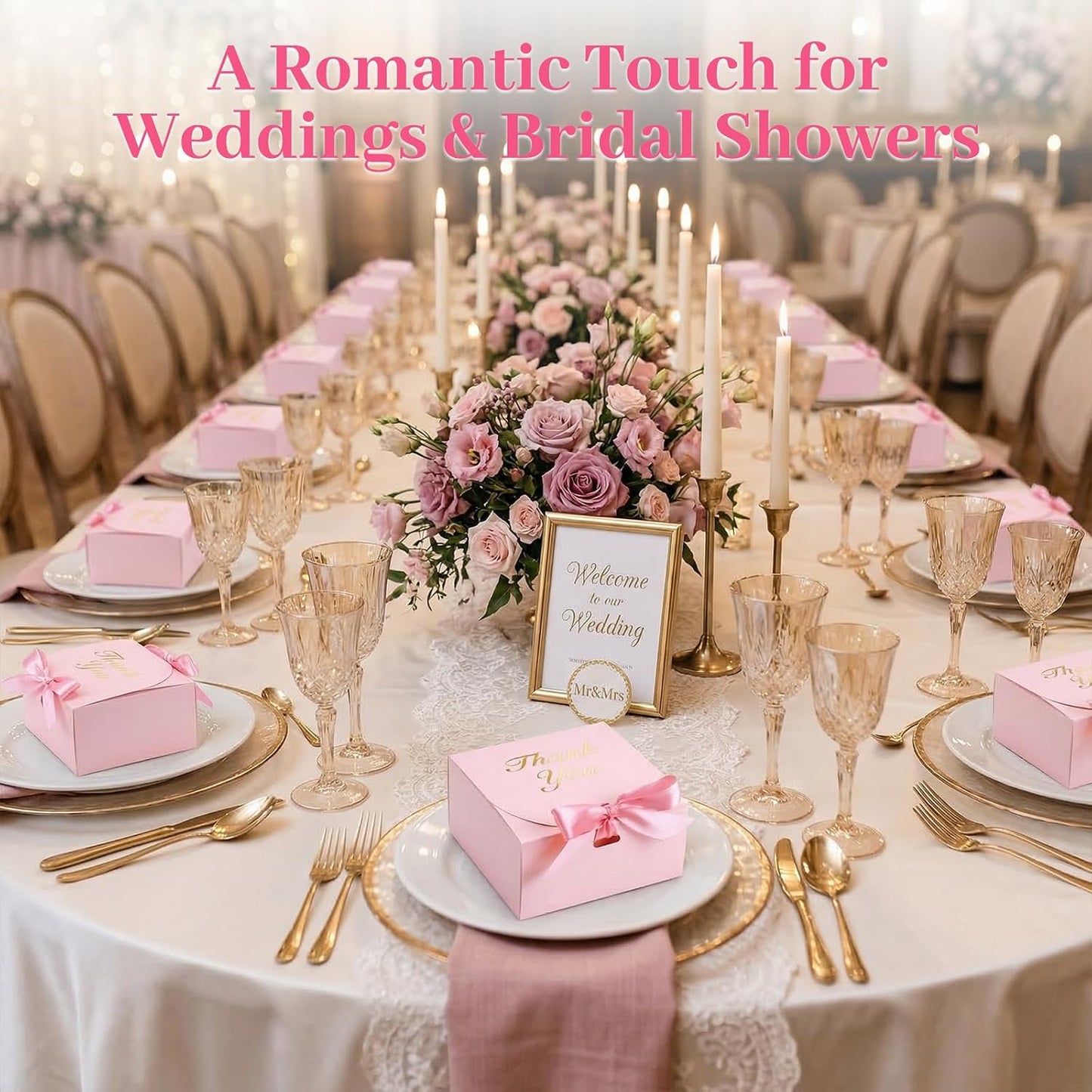 20PCS Thank You Gift Boxes, 4.5x4.5x1.9 Inches Mini Party Favor Boxes Pink Treat Bags with Bow Ribbon for Wedding Bridal Baby Shower Birthday Party