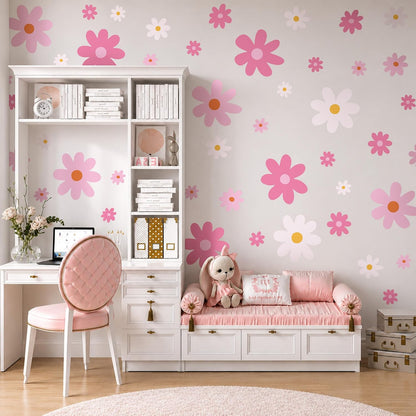 Large Daisy Wall Decals – 52 Pcs Pink Peel and Stick Flower Wall Stickers for Bedroom & Nursery Decor