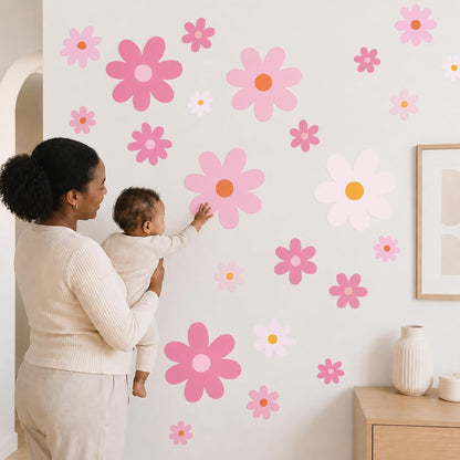 Large Daisy Wall Decals – 52 Pcs Pink Peel and Stick Flower Wall Stickers for Bedroom & Nursery Decor