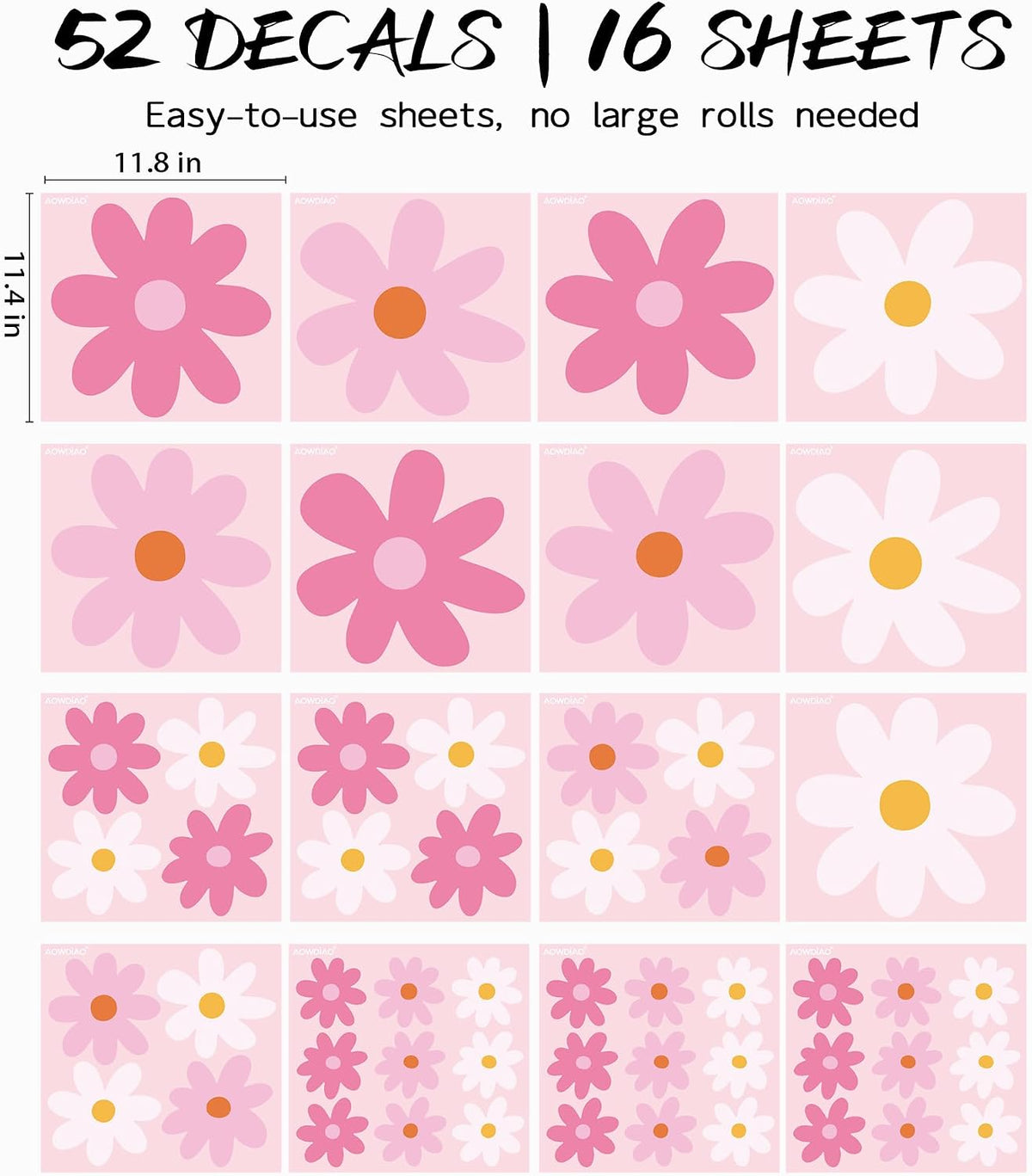 Large Daisy Wall Decals – 52 Pcs Pink Peel and Stick Flower Wall Stickers for Bedroom & Nursery Decor