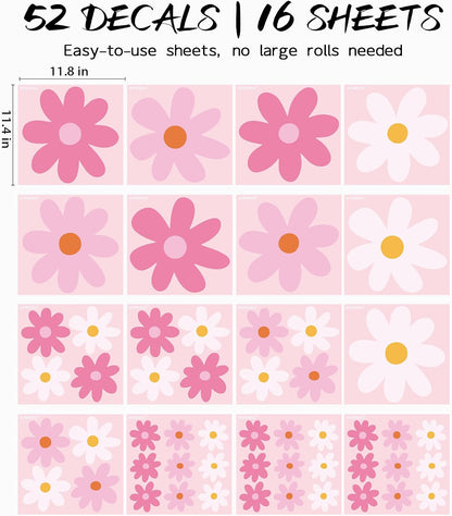 Large Daisy Wall Decals – 52 Pcs Pink Peel and Stick Flower Wall Stickers for Bedroom & Nursery Decor