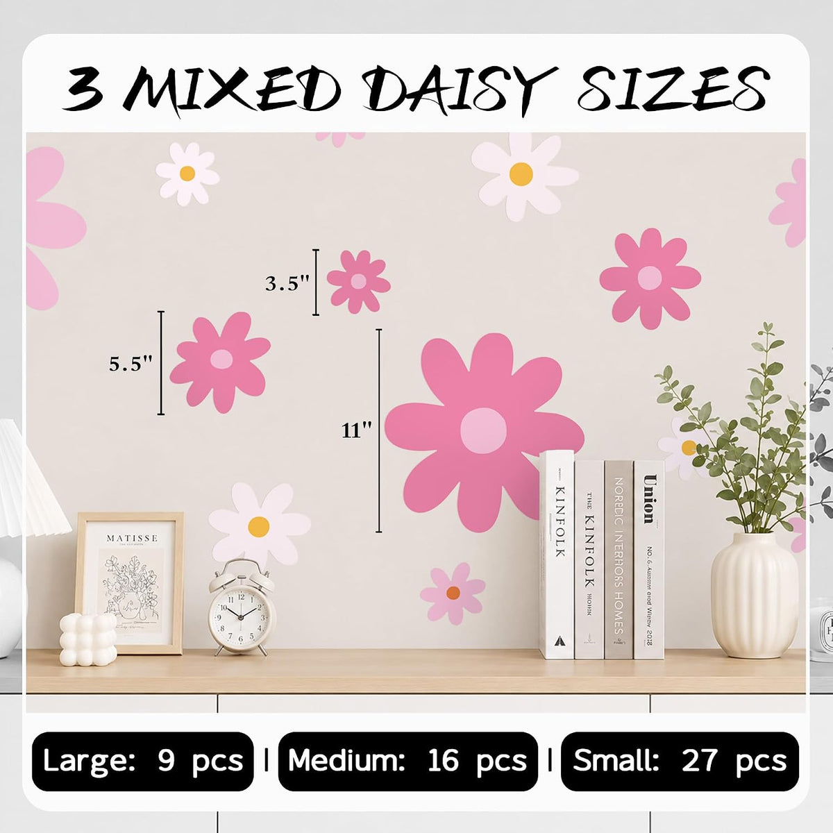 Large Daisy Wall Decals – 52 Pcs Pink Peel and Stick Flower Wall Stickers for Bedroom & Nursery Decor