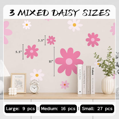 Large Daisy Wall Decals – 52 Pcs Pink Peel and Stick Flower Wall Stickers for Bedroom & Nursery Decor
