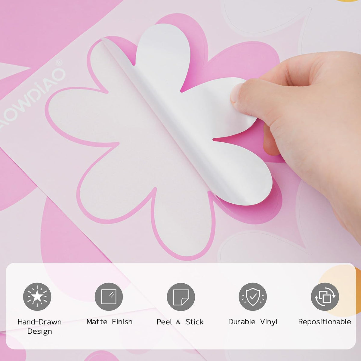 Large Daisy Wall Decals – 52 Pcs Pink Peel and Stick Flower Wall Stickers for Bedroom & Nursery Decor