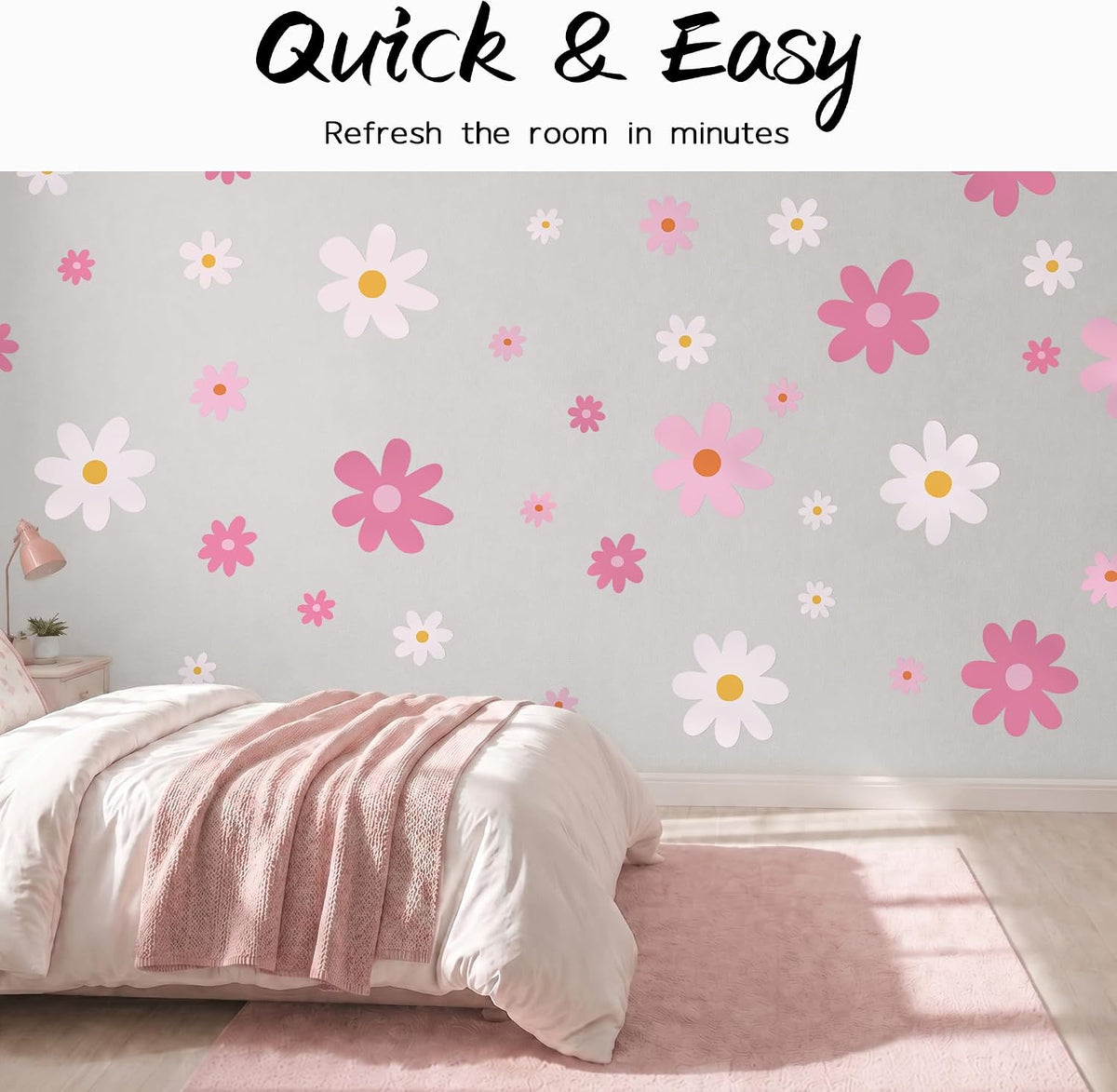 Large Daisy Wall Decals – 52 Pcs Pink Peel and Stick Flower Wall Stickers for Bedroom & Nursery Decor