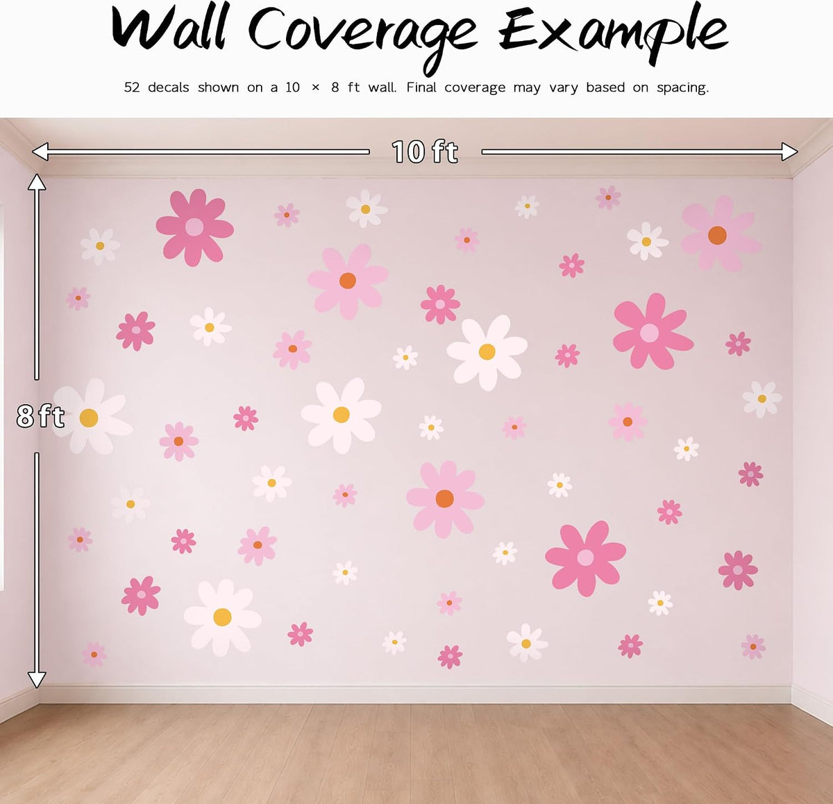 Large Daisy Wall Decals – 52 Pcs Pink Peel and Stick Flower Wall Stickers for Bedroom & Nursery Decor