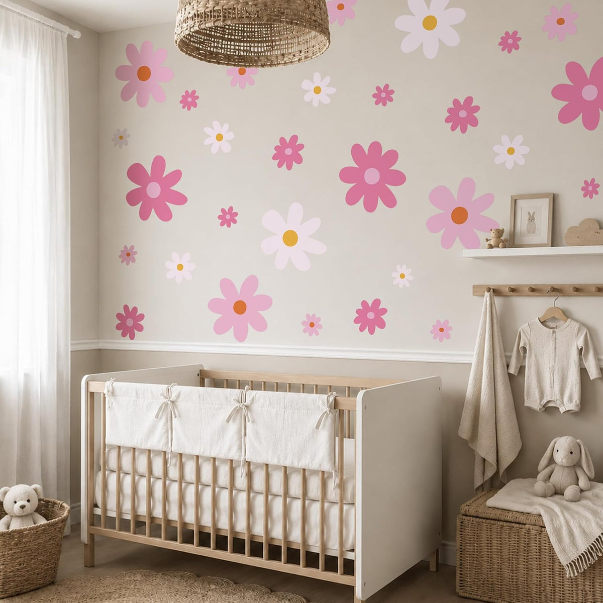 Large Daisy Wall Decals – 52 Pcs Pink Peel and Stick Flower Wall Stickers for Bedroom & Nursery Decor