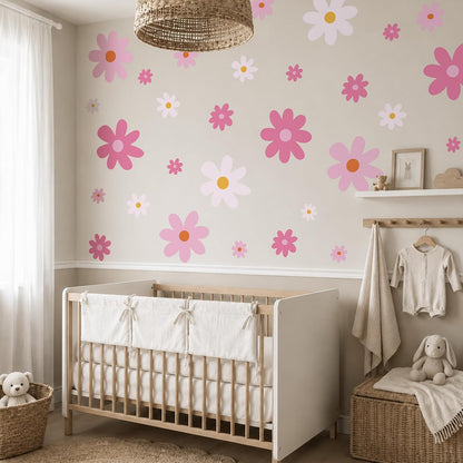 Large Daisy Wall Decals – 52 Pcs Pink Peel and Stick Flower Wall Stickers for Bedroom & Nursery Decor