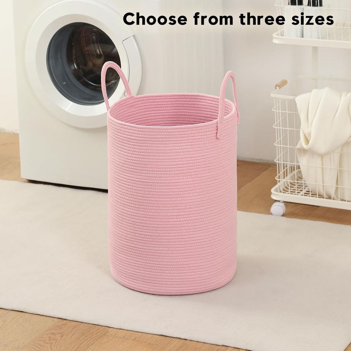 Laundry Basket Hamper Tall Rope Storage Woven for Blanket toys Dirty Clothes in Living Room Bathroom Bedroom (Pink, 100L/26.4Gal)