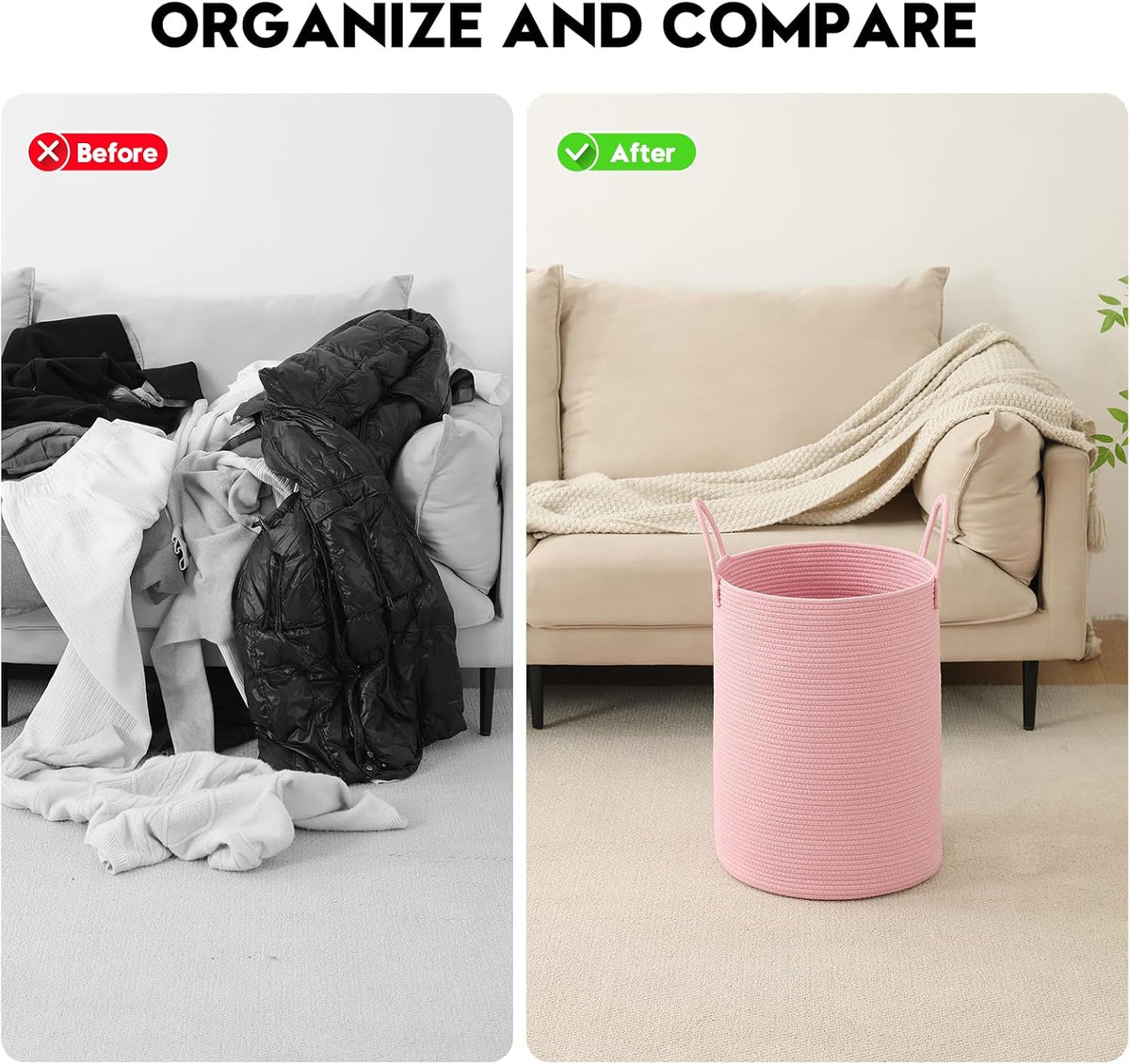 Laundry Basket Hamper Tall Rope Storage Woven for Blanket toys Dirty Clothes in Living Room Bathroom Bedroom (Pink, 100L/26.4Gal)