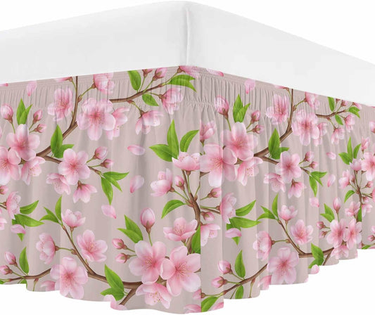 Pink Peach Flowers Bed Skirt King Size 16 Inch Drop, Wrap Around Bed Skirts, Spring Botanical Watercolor Floral Brown Elastic Bedskirt Pleated Bed Frame Cover Luxurious Dust Ruffle for King Bed