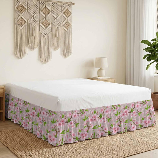 Pink Peach Flowers Bed Skirt King Size 16 Inch Drop, Wrap Around Bed Skirts, Spring Botanical Watercolor Floral Brown Elastic Bedskirt Pleated Bed Frame Cover Luxurious Dust Ruffle for King Bed