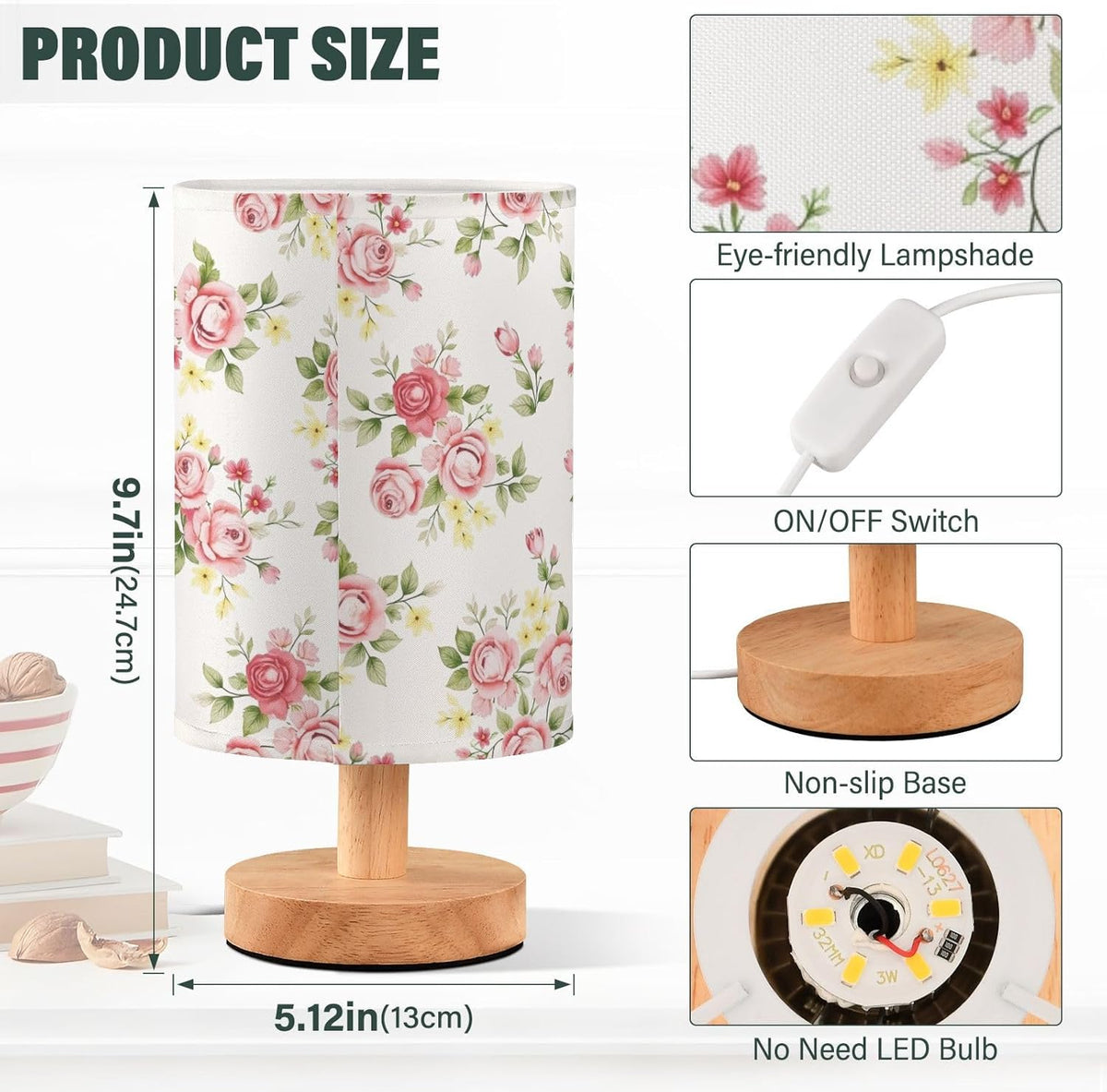 Flower Table Lamp for Bedroom Living Room, Pink Rose Flower Floral Bedside Lamps with USB Charging Ports Nightstand Light Lamps