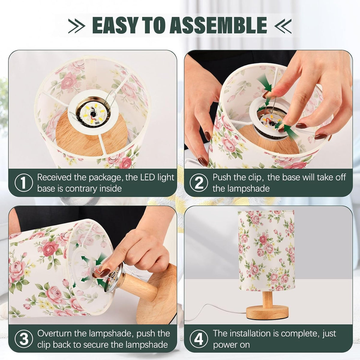Flower Table Lamp for Bedroom Living Room, Pink Rose Flower Floral Bedside Lamps with USB Charging Ports Nightstand Light Lamps