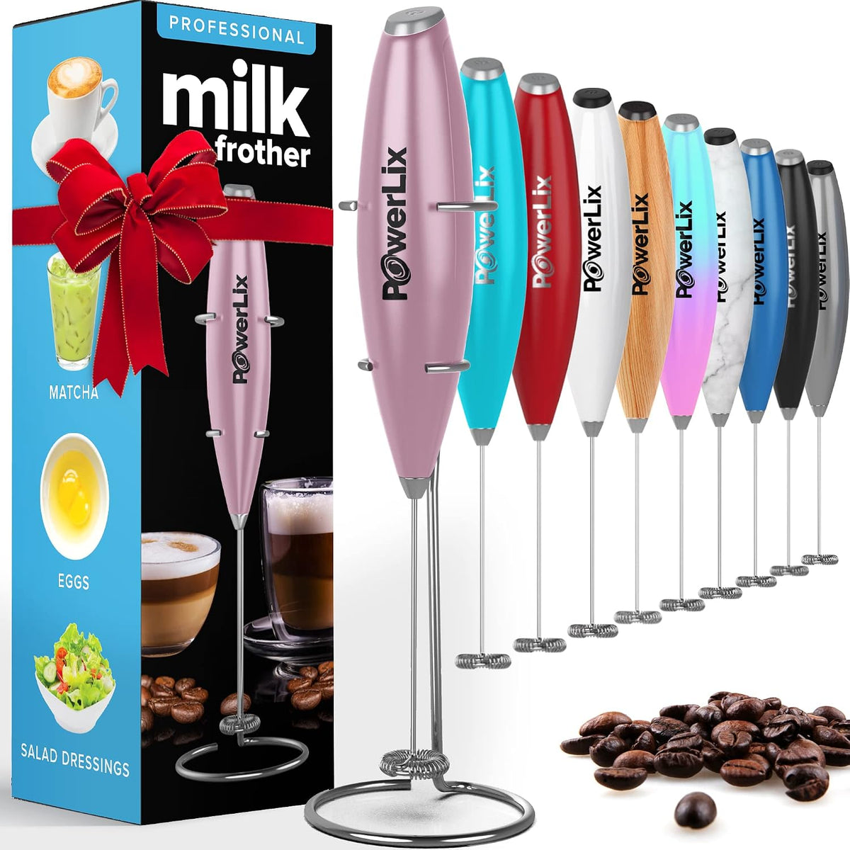 Milk Frother Handheld Battery Operated Electric Whisk Foam Maker for Coffee, Latte, Cappuccino, Hot Chocolate, Durable Mini Drink Mixer with Stainless Steel Stand Included (Light Pink)