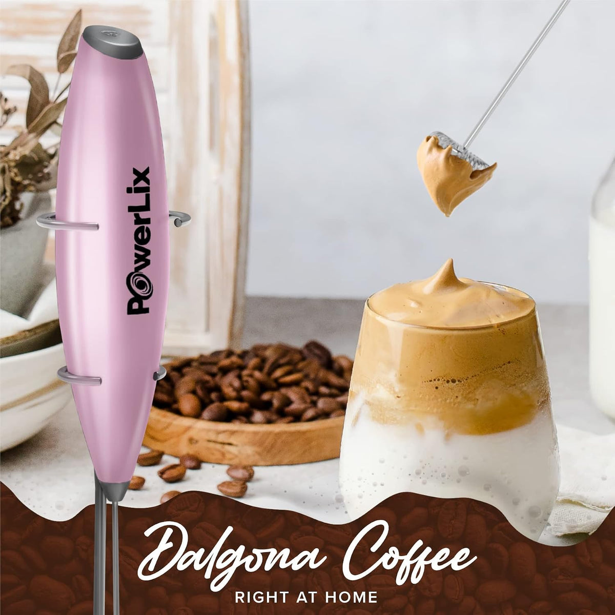 Milk Frother Handheld Battery Operated Electric Whisk Foam Maker for Coffee, Latte, Cappuccino, Hot Chocolate, Durable Mini Drink Mixer with Stainless Steel Stand Included (Light Pink)