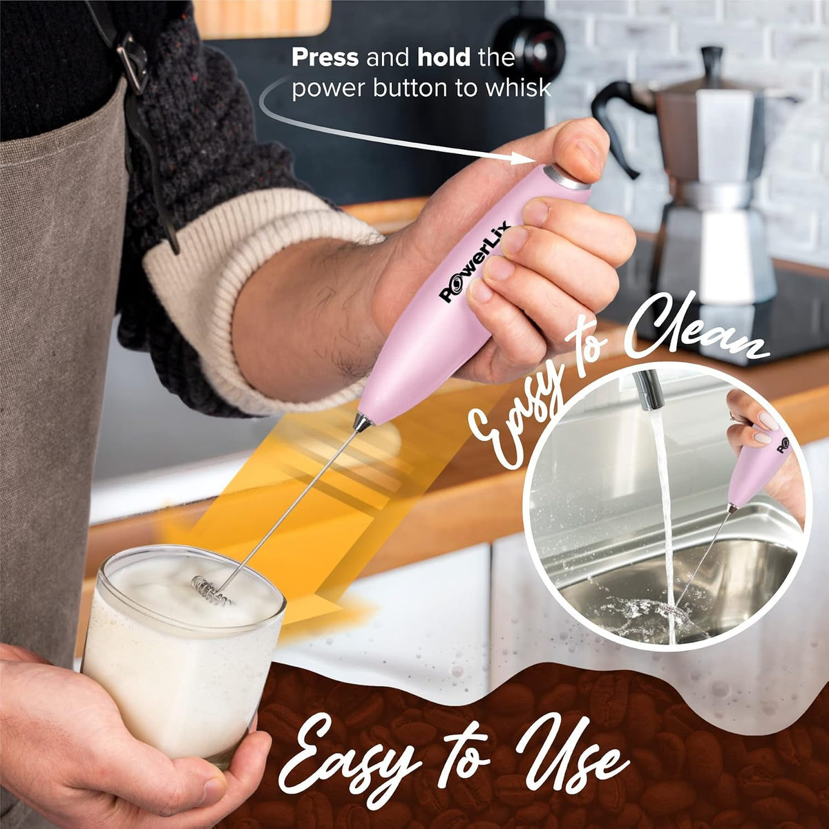 Milk Frother Handheld Battery Operated Electric Whisk Foam Maker for Coffee, Latte, Cappuccino, Hot Chocolate, Durable Mini Drink Mixer with Stainless Steel Stand Included (Light Pink)