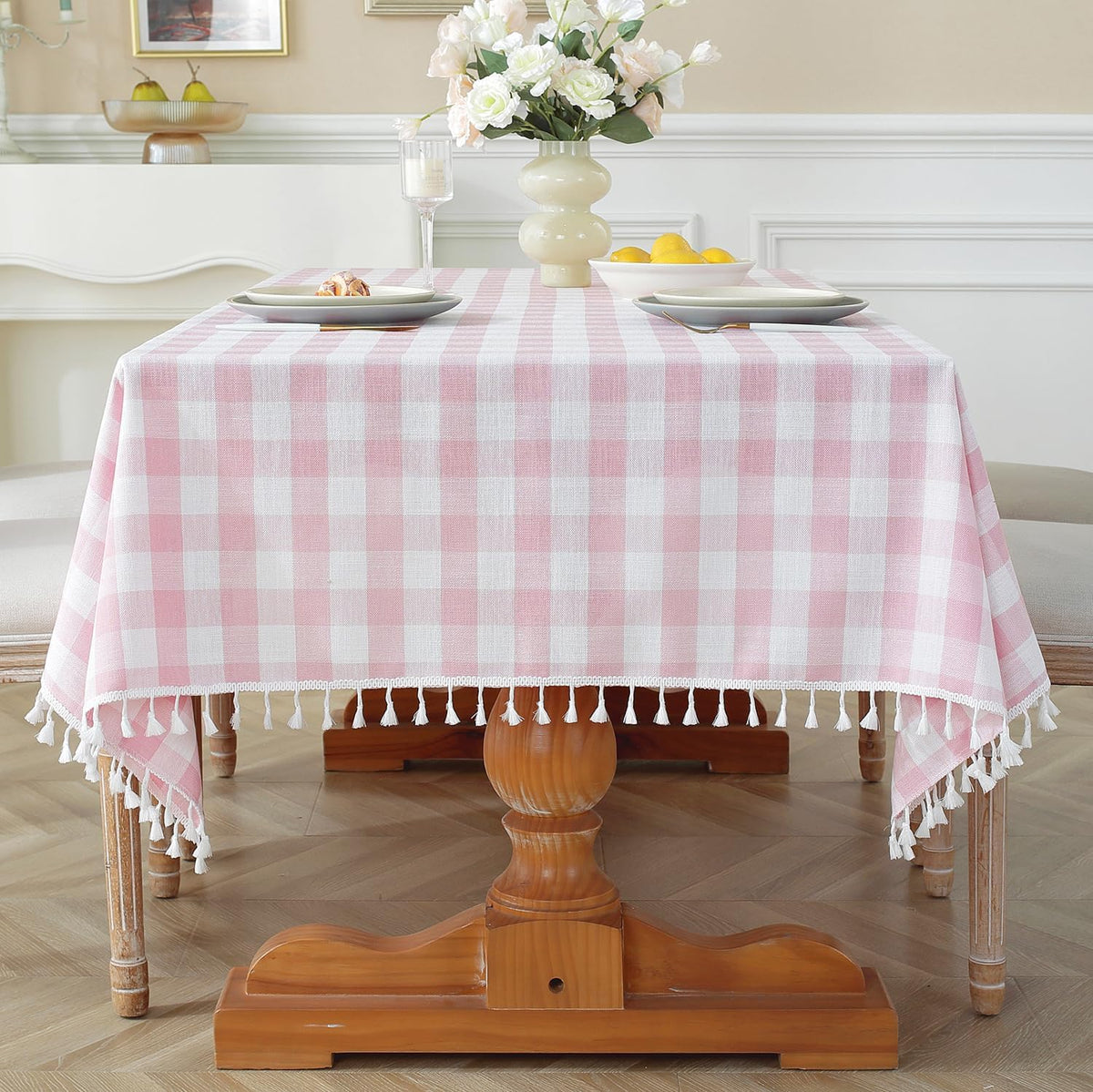 Spring Pink Checkered Tablecloth Rectangle Washable Buffalo Plaid Table Cloth with Tassel Cotton Linen Gingham Table Cover for Dining Room, Pink, Rectangle, 55''x70'', 4-6 Seats