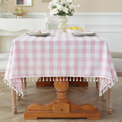 Spring Pink Checkered Tablecloth Rectangle Washable Buffalo Plaid Table Cloth with Tassel Cotton Linen Gingham Table Cover for Dining Room, Pink, Rectangle, 55''x70'', 4-6 Seats