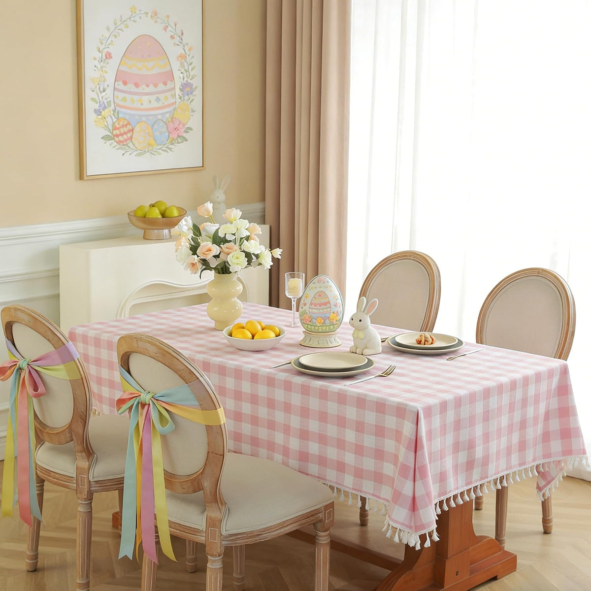 Spring Pink Checkered Tablecloth Rectangle Washable Buffalo Plaid Table Cloth with Tassel Cotton Linen Gingham Table Cover for Dining Room, Pink, Rectangle, 55''x70'', 4-6 Seats