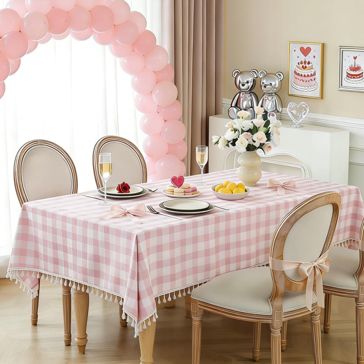 Spring Pink Checkered Tablecloth Rectangle Washable Buffalo Plaid Table Cloth with Tassel Cotton Linen Gingham Table Cover for Dining Room, Pink, Rectangle, 55''x70'', 4-6 Seats