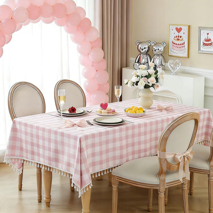 Spring Pink Checkered Tablecloth Rectangle Washable Buffalo Plaid Table Cloth with Tassel Cotton Linen Gingham Table Cover for Dining Room, Pink, Rectangle, 55''x70'', 4-6 Seats