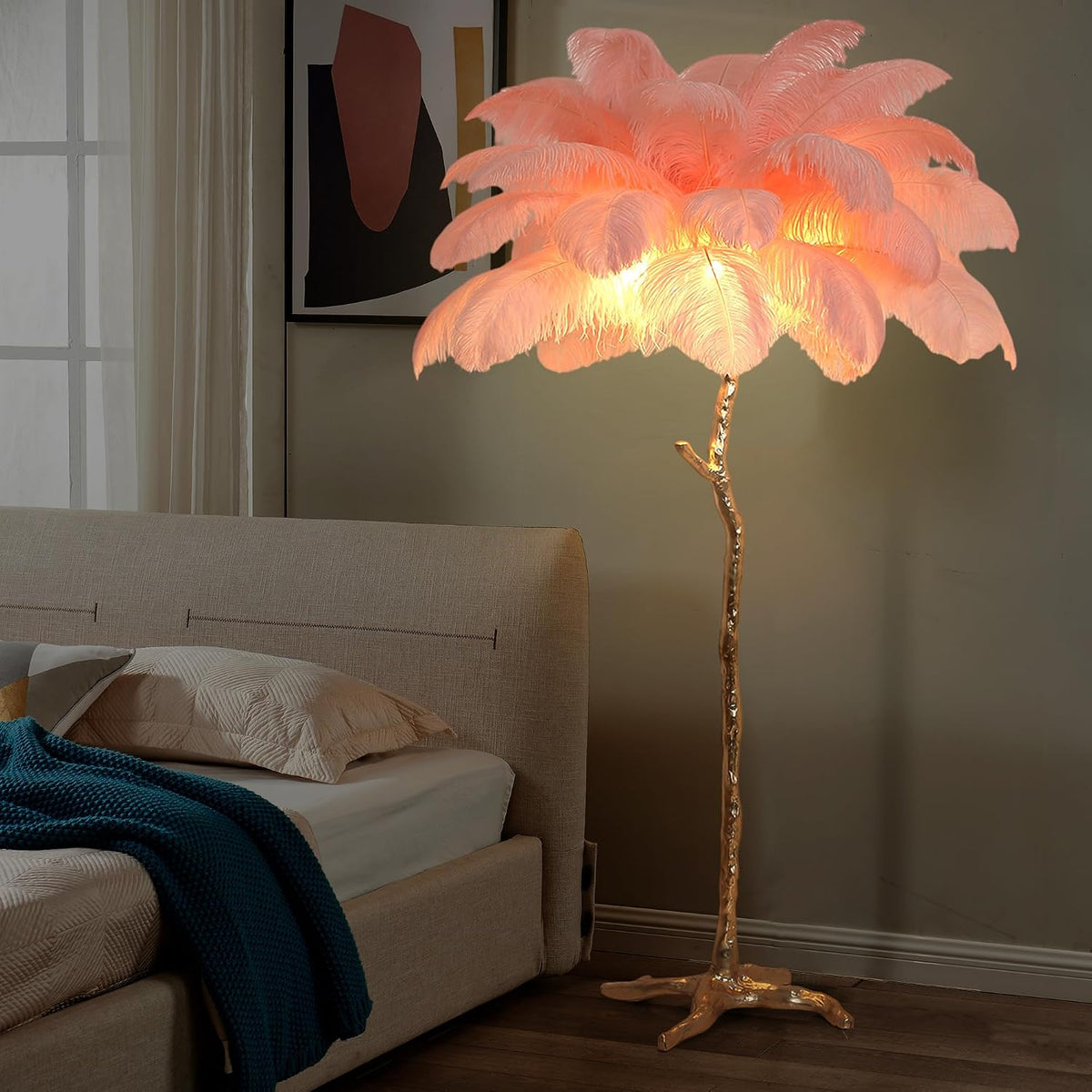 Luxury Resin Ostrich Feather Lamp, 35 Pieces Real Ostrich Feathers,Floor Light for Living Room, Bedroom and Office 67” Tall Feather Lamp(Pink, Floor Lamp)