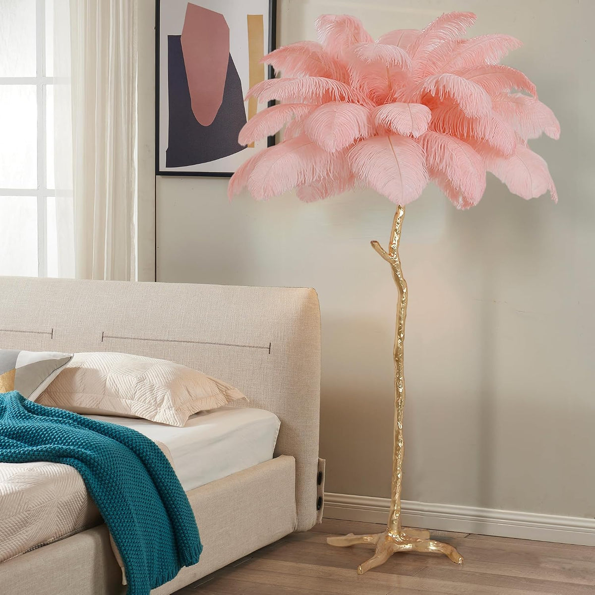 Luxury Resin Ostrich Feather Lamp, 35 Pieces Real Ostrich Feathers,Floor Light for Living Room, Bedroom and Office 67” Tall Feather Lamp(Pink, Floor Lamp)