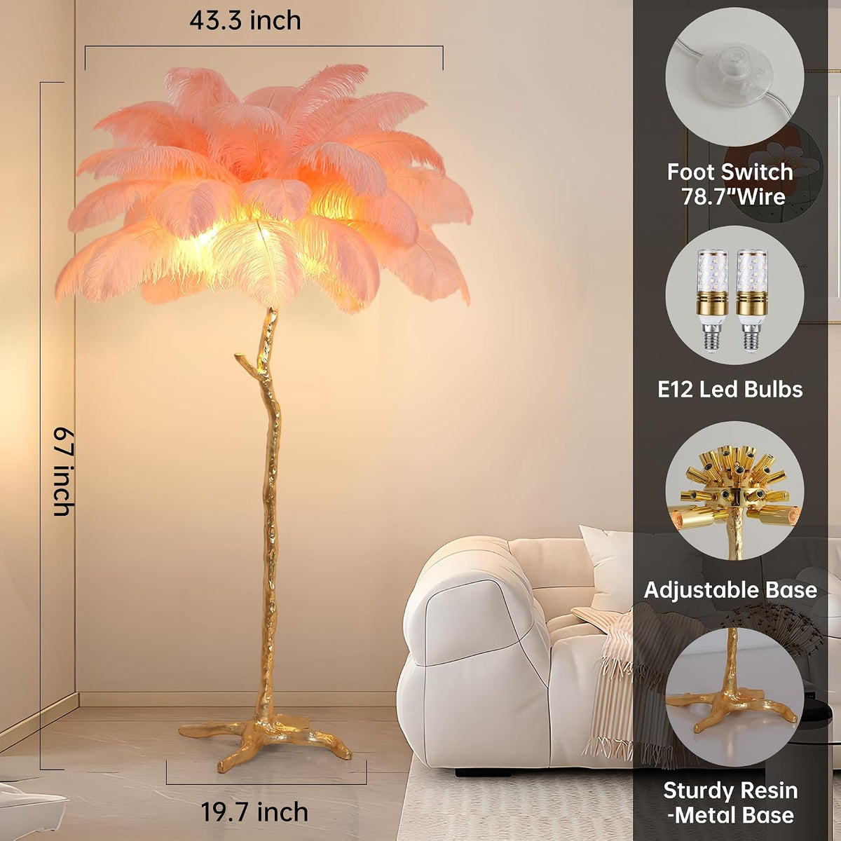 Luxury Resin Ostrich Feather Lamp, 35 Pieces Real Ostrich Feathers,Floor Light for Living Room, Bedroom and Office 67” Tall Feather Lamp(Pink, Floor Lamp)