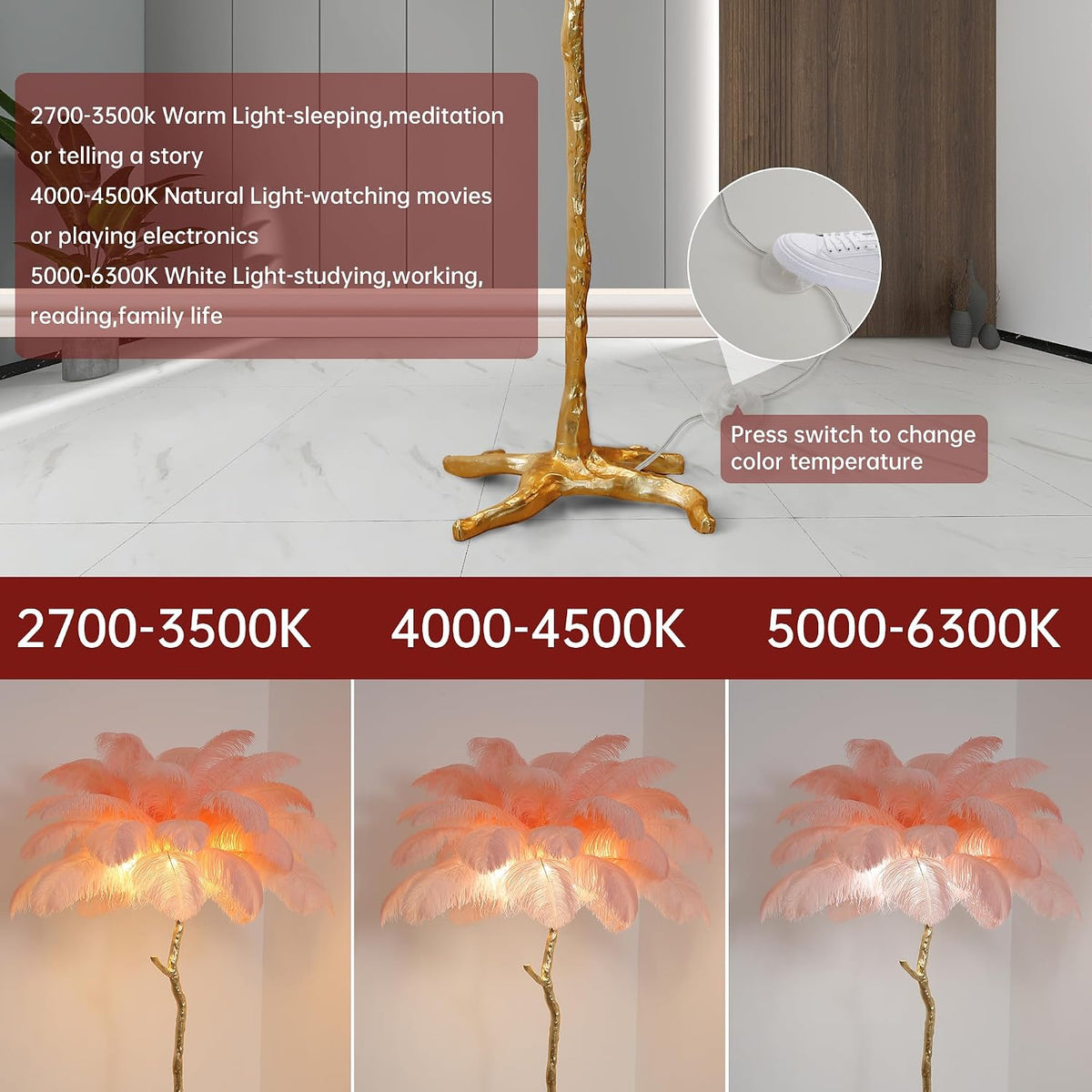 Luxury Resin Ostrich Feather Lamp, 35 Pieces Real Ostrich Feathers,Floor Light for Living Room, Bedroom and Office 67” Tall Feather Lamp(Pink, Floor Lamp)
